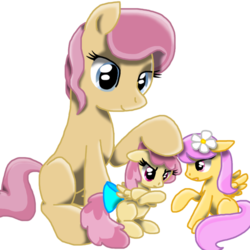 Size: 900x900 | Tagged: safe, artist:soniskbooster, dizzy twister, orange swirl, sunny rays, swan song, earth pony, pegasus, pony, g4, adorarays, bow, crossed hooves, diatwister, family, female, filly, flower, flower in hair, grumpy, headcanon, mare, mother and child, mother and daughter, siblings, simple background, sisters, tail bow, transparent background