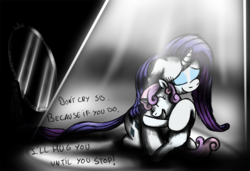 Size: 1000x682 | Tagged: safe, artist:jamescorck, rarity, sweetie belle, g4, crying, happy, hug