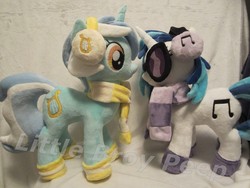 Size: 1200x900 | Tagged: safe, artist:little-broy-peep, dj pon-3, lyra heartstrings, vinyl scratch, pony, unicorn, g4, accessory, boots, clothes, female, headphones, irl, mare, photo, plushie, scarf