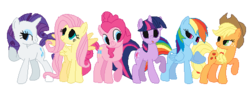 Size: 500x184 | Tagged: dead source, safe, artist:missytheunicorn, applejack, fluttershy, pinkie pie, rainbow dash, rarity, twilight sparkle, earth pony, pegasus, pony, unicorn, g4, female, mane six, mare, pixel art, simple background, sprite, transparent background, unicorn twilight