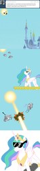 Size: 637x2679 | Tagged: safe, artist:songoharotto, princess celestia, alicorn, alien, pony, ask aquilinus, g4, ask, canterlot, explosion, female, mare, sunglasses, ufo