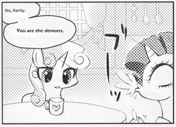 Size: 546x395 | Tagged: safe, rarity, sweetie belle, pony, unicorn, g4, doom, doom: repercussions of evil, exploitable meme, female, filly, many many pony, mare, meme, monochrome, mug, reference, spit take