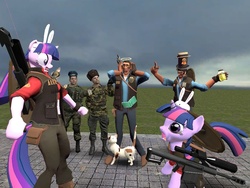 Size: 1024x768 | Tagged: safe, artist:lawrencexviii, twilight sparkle, cat, human, pony, anthro, g4, 3d, anthro with ponies, duality, gmod, russian, self ponidox, sniper, sniper (tf2), team fortress 2