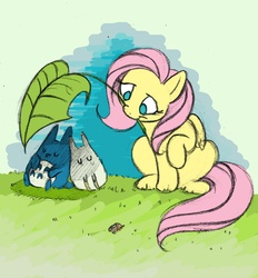Size: 1000x1076 | Tagged: safe, artist:bitter-knitter, fluttershy, g4, anime, chibi totoro, crossover, leaf, mouth hold, my neighbor totoro, studio ghibli, traditional art