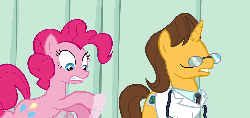 Size: 1280x606 | Tagged: safe, doctor horse, doctor stable, pinkie pie, earth pony, pony, unicorn, g4, animated, duo, eyes closed, female, glasses, hoofy-kicks, hooves, hospital, male, mare, stallion