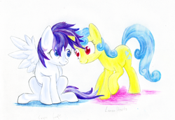 Size: 900x618 | Tagged: safe, artist:kyainailo, lemon hearts, sugar grape, pegasus, pony, unicorn, g4, cute, duo, traditional art