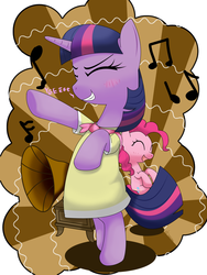 Size: 1050x1400 | Tagged: safe, artist:hoyeechun, pinkie pie, twilight sparkle, g4, sweet and elite, bipedal, birthday dress, blushing, clothes, cute, dancing, do the sparkle, dress, duo, gramophone, twiabetes