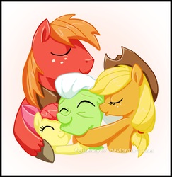 Size: 600x618 | Tagged: safe, artist:feujenny07, apple bloom, applejack, big macintosh, granny smith, earth pony, pony, g4, apple family, female, hug, male, mare, stallion