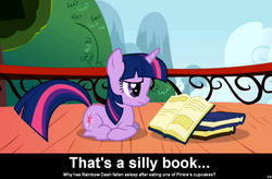 Size: 1024x671 | Tagged: safe, edit, edited screencap, screencap, twilight sparkle, pony, unicorn, fanfic:cupcakes, g4, book, caption, cs captions, female, lying down, mare, ponyloaf, prone, reading, solo, this will end in tears