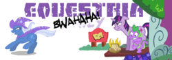 Size: 900x315 | Tagged: safe, artist:spainfischer, spike, trixie, twilight sparkle, equestria daily, g4, twilight sparkle is not amused, unamused