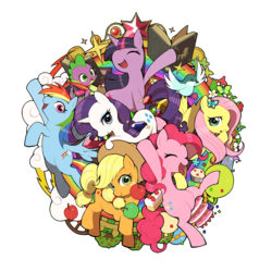 Size: 1400x1400 | Tagged: source needed, safe, artist:hitoto, applejack, fluttershy, lightning bolt, pinkie pie, rainbow dash, rarity, spike, twilight sparkle, white lightning, bird, butterfly, apple, apple tree, balloon, bits, book, cake, cloud, confetti, cupcake, cute, dashabetes, diapinkes, eyes closed, eyeshadow, flower, food, freckles, gem, gemstones, green apple, happy, jackabetes, jewelry, licking, licking lips, makeup, mane seven, mane six, noisemaker, open mouth, party popper, pastries, pastry, picket fence, pile, pixiv, quill pen, rainbow, raribetes, raspberry, shyabetes, smiling, sparkles, spikabetes, strawberry, streamer, taking notes, that pony sure does love animals, that pony sure does love apples, that pony sure does love books, that pony sure does love clouds, that pony sure does love gems, that pony sure does love parties, tiara, tongue out, tree, twiabetes, wagon wheel
