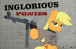 Size: 1075x696 | Tagged: safe, artist:warbrony, applejack, earth pony, pony, g4, bipedal, clothes, crossover, female, gun, iron cross, mare, solo, weapon