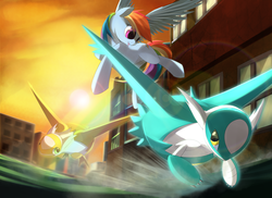 Size: 2340x1700 | Tagged: safe, artist:zymonasyh, rainbow dash, latias, latios, pegasus, pony, g4, female, flying, male, mare, pokémon, race, shiny pokémon, trio