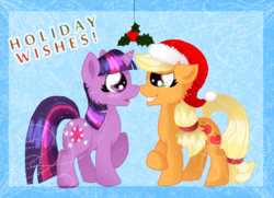 Size: 800x578 | Tagged: dead source, safe, artist:artofguillotine, applejack, twilight sparkle, g4, female, holly, holly mistaken for mistletoe, lesbian, ship:twijack, shipping