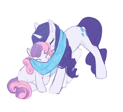 Size: 594x540 | Tagged: source needed, useless source url, safe, artist:noel, rarity, sweetie belle, pony, unicorn, g4, clothes, cute, diasweetes, female, raribetes, scarf, sibling love, siblings, sisterly love, sisters