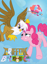 Size: 3000x4071 | Tagged: safe, artist:timon1771, gilda, pinkie pie, rainbow dash, griffon, g4, griffon the brush off, balloon, episode posters, poster, title card