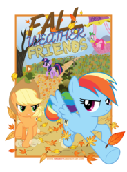 Size: 3000x4071 | Tagged: safe, artist:timon1771, applejack, pinkie pie, rainbow dash, spike, twilight sparkle, fall weather friends, g4, balloon, episode posters, poster, running of the leaves, title card