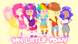 Size: 891x500 | Tagged: safe, artist:deckthisout, applejack, fluttershy, pinkie pie, rainbow dash, rarity, twilight sparkle, human, g4, boots, clothes, dark skin, eared humanization, horn, horned humanization, humanized, jeans, long skirt, mane six, overalls, pants, shoes, simple background, skirt, socks, sweater, sweatershy, tank top, winged humanization