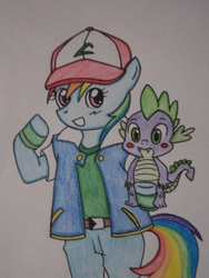 Size: 2448x3264 | Tagged: safe, artist:mariwii, rainbow dash, spike, anthro, g4, crossover, duo, parody, pokémon, traditional art