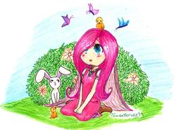 Size: 1480x1096 | Tagged: safe, artist:hikaru-chan649, angel bunny, fluttershy, g4, clothes, dress, humanized, traditional art
