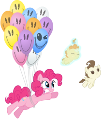 Size: 3000x3517 | Tagged: safe, artist:vectorshy, discord, pinkie pie, pound cake, pumpkin cake, earth pony, pegasus, pony, unicorn, g4, balloon, blank flank, colt, discord balloon, eyes closed, female, filly, flying, foal, glowing horn, gritted teeth, hooves, horn, levitation, magic, male, mare, self-levitation, simple background, smiling, telekinesis, then watch her balloons lift her up to the sky, transparent background, wings