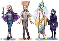 Size: 1302x896 | Tagged: safe, artist:emlan, derpy hooves, princess celestia, princess luna, trixie, human, g4, boots, bowtie, hat, humanized, jewelry, magic wand, package, s1 luna, shoes, tiara, top hat
