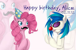 Size: 1729x1140 | Tagged: safe, artist:insanitylittlered, dj pon-3, pinkie pie, vinyl scratch, earth pony, pony, unicorn, g4, duo, fake moustache, hat, party hat, red nose