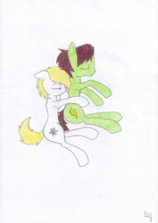 Size: 900x1273 | Tagged: safe, artist:bianka7778, oc, oc only, earth pony, pegasus, pony, female, hug, male, oc x oc, shipping, sleeping, straight