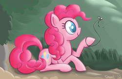 Size: 900x588 | Tagged: safe, artist:smockhobbes, pinkie pie, earth pony, fly, pony, g4, female, leash, solo, string