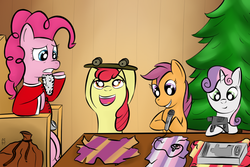 Size: 1200x800 | Tagged: safe, artist:cheshiresdesires, apple bloom, pinkie pie, scootaloo, sweetie belle, earth pony, pegasus, unicorn, g4, bag, bipedal, christmas, christmas tree, clothes, costume, cutie mark crusaders, holiday, horn, microphone, oops, power tools, present, santa costume, skateboard, this will end in tears, tools, tree