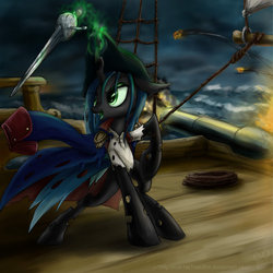 Size: 900x901 | Tagged: safe, artist:rule1of1coldfire, queen chrysalis, changeling, changeling queen, g4, cannon, female, glowing, glowing horn, horn, levitation, magic, ocean, pirate, ship, solo, sword, telekinesis