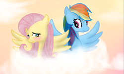 Size: 932x559 | Tagged: safe, artist:xlightningtwisterx, fluttershy, rainbow dash, g4, blushing, cloud, cloudy, female, lesbian, ship:flutterdash, shipping