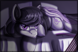 Size: 900x601 | Tagged: safe, artist:inuhoshi-to-darkpen, octavia melody, earth pony, pony, g4, bed, female, frown, insomnia, mare, night, prone, solo