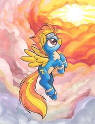 Size: 700x913 | Tagged: safe, artist:lizspit, spitfire, pony, g4, cloud, cloudy, female, flying, solo, sunset, traditional art