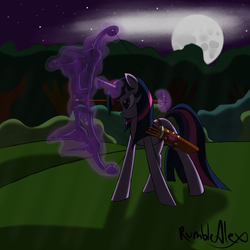 Size: 900x900 | Tagged: dead source, safe, artist:rumblealex, twilight sparkle, g4, archery, arrow, bow (weapon), bow and arrow, magic, moon, night, quiver, weapon