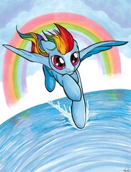 Size: 800x1050 | Tagged: safe, artist:lizspit, rainbow dash, pony, g4, female, flying, rainbow, solo, traditional art, water