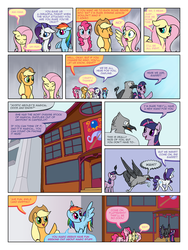 Size: 900x1200 | Tagged: safe, artist:arofatamahn, applejack, fluttershy, pinkie pie, rainbow dash, rarity, twilight sparkle, oc, oc:garret (arofatamahn), comic:the night the magic died, g4, comic, everypony, mane six