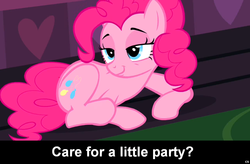 Size: 1024x672 | Tagged: safe, pinkie pie, earth pony, pony, g4, bedroom eyes, caption, cs captions, female, mare, solo