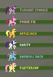 Size: 109x157 | Tagged: safe, artist:allicornuk, applejack, fluttershy, pinkie pie, rainbow dash, rarity, twilight sparkle, g4, mane six, pixel art, sprite