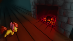 Size: 2880x1620 | Tagged: safe, artist:cyberdrace, apple bloom, oc, oc:ruby, oc:ruby (story of the blanks), earth pony, pony, story of the blanks, g4, butt, creepypasta, crying, dead, female, filly, fireplace, plot, skeleton, solo, wallpaper