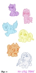 Size: 500x1000 | Tagged: safe, artist:nyu, applejack, fluttershy, pinkie pie, rainbow dash, rarity, twilight sparkle, earth pony, pegasus, pony, unicorn, g4, :3, blushing, chibi, cute, female, limited palette, mane six, mare, one eye closed, open mouth, simple background, unicorn twilight, white background, wink