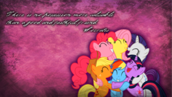 Size: 1366x768 | Tagged: safe, artist:jamnzor, applejack, fluttershy, pinkie pie, rainbow dash, rarity, twilight sparkle, g4, heartwarming, mane six, quote, vector, wallpaper