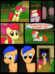 Size: 760x1020 | Tagged: safe, artist:template93, apple bloom, oc, oc:roneo, oc:starlet, earth pony, pony, comic:story of the blanks (template93), story of the blanks, g4, blank flank, cake, comic, dialogue, female, filly, foal, food, male, mare, stallion, sunny town