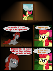 Size: 760x1020 | Tagged: safe, artist:template93, apple bloom, oc, oc:mitta, earth pony, pony, comic:story of the blanks (template93), story of the blanks, g4, blank flank, comic, crying, dialogue, female, filly, foal, frown, head tilt, mare, open mouth, sad, sitting, speech bubble, thinking