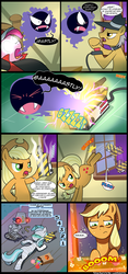 Size: 900x1920 | Tagged: safe, artist:innuendo88, artist:madmax, applejack, igneous rock pie, lyra heartstrings, g4, comic, spanish, translation