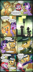 Size: 900x1920 | Tagged: safe, artist:innuendo88, artist:madmax, applejack, igneous rock pie, pinkie pie, twilight sparkle, g4, comic, spanish, translation