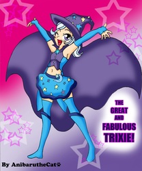 Size: 1000x1200 | Tagged: safe, artist:anibaruthecat, trixie, human, g4, armpits, belly button, clothes, female, hat, humanized, skirt, solo, trixie's cape, trixie's hat, vest