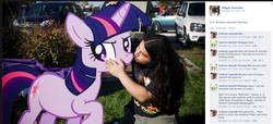 Size: 1322x605 | Tagged: safe, twilight sparkle, human, pony, unicorn, g4, brony, cardboard cutout, cardboard twilight, facebook, female, human on pony action, irl, irl human, kissing, mare, photo, text, unicorn twilight