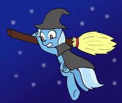 Size: 832x704 | Tagged: safe, artist:haxorus31, trixie, g4, broom, cape, clothes, costume, flying, flying broomstick, hat, looking down, scared, stars, underhoof, witch, witch hat