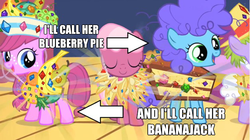 Size: 626x351 | Tagged: safe, edit, edited screencap, screencap, blueberry swirl, cheerilee, cotton top, fruitbasket, g4, the cutie mark chronicles, background pony, clothes, costume, filly, filly cheerilee, gem, image macro, school play, young